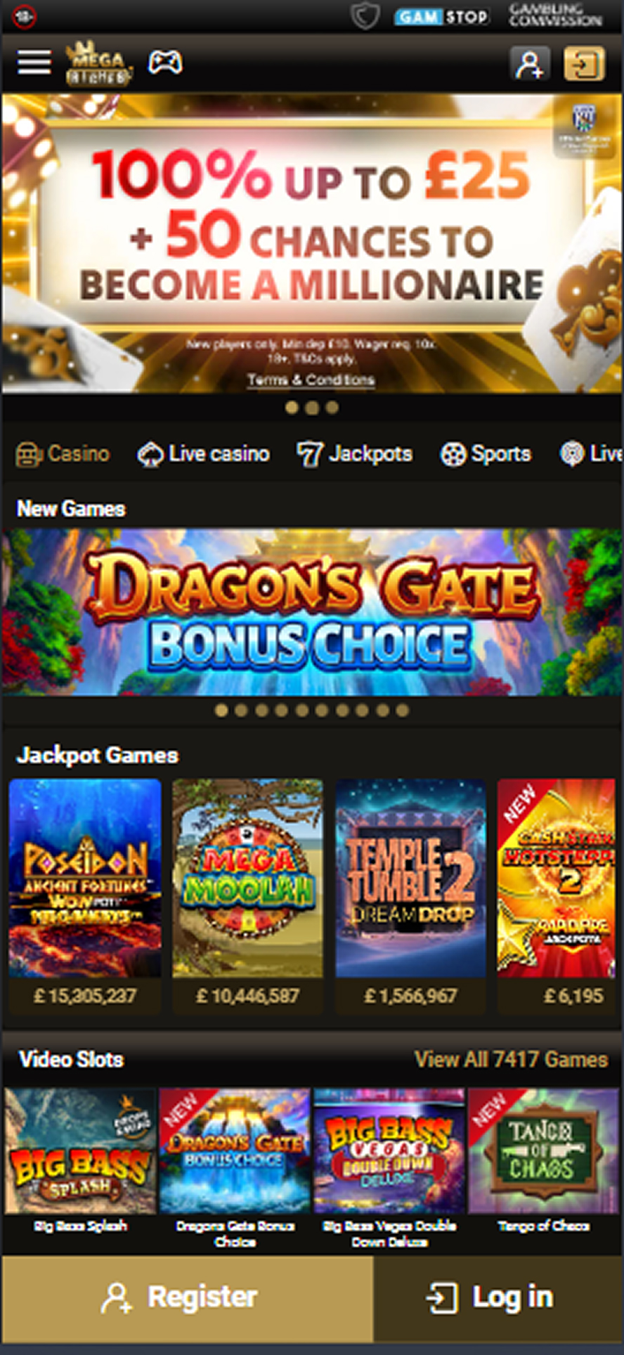 Mega Riches Casino mobile lobby